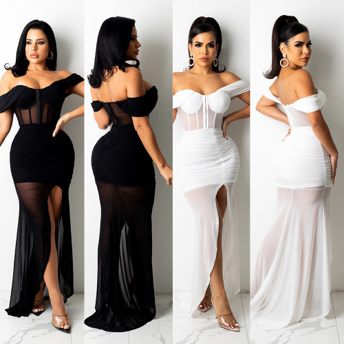 Off Shoulder Mesh Solid Color Dress Long Dress
