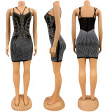 Women's sexy tight fitting suspender mesh hot diamond dress short skirt