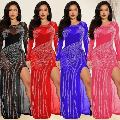 Sexy Mesh Hot Diamond Long Sleeve Dress Nightclub Dress