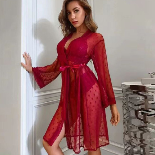 Large transparent lace mesh pajama dress, sheer suspender dress, bathrobe, three pieces