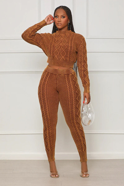 Round neck long sleeved fashion printed two-piece set