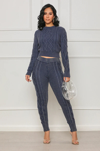 Round neck long sleeved fashion printed two-piece set