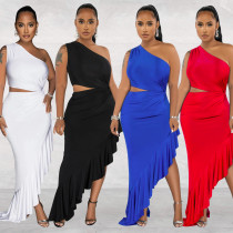 Hollow out irregular sloping shoulder dress long skirt Hollow out irregular sloping shoulder dress long skirt