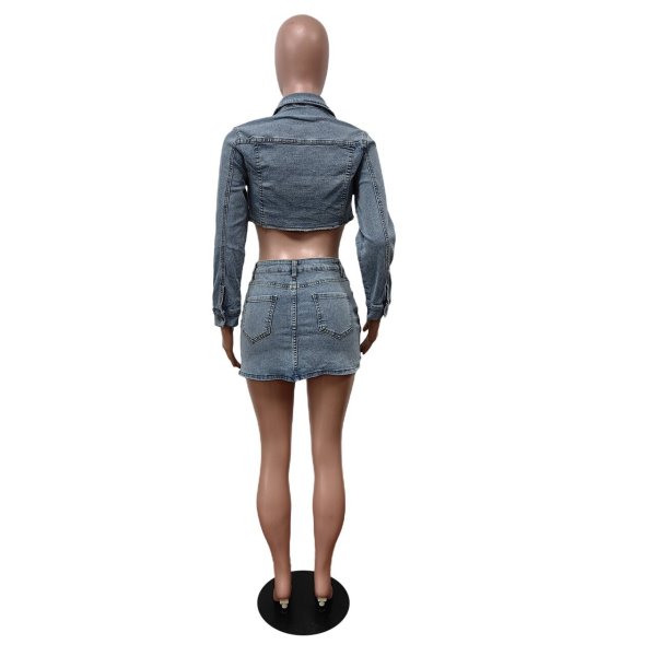 Stretch denim top short skirt set