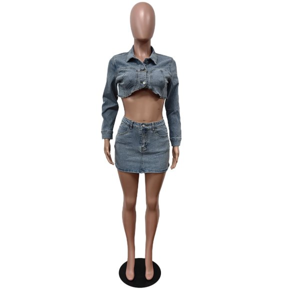 Stretch denim top short skirt set