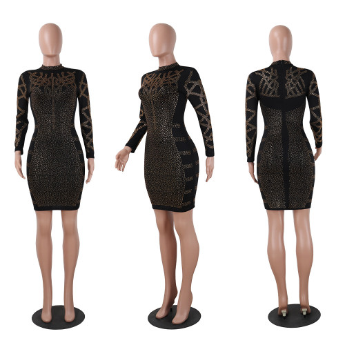 Hot Diamond Long Sleeve Two Color Dress
