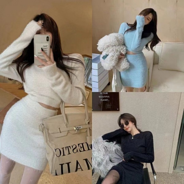 Two piece set of knitwear, sweater, buttocks and skirt