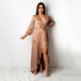 Sexy V-neck Silk Face Solid Lace Irregular Long Dress