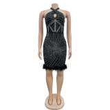 Women's Solid Color Hot Diamond Hanging Neck Open Back Short Dress Dress