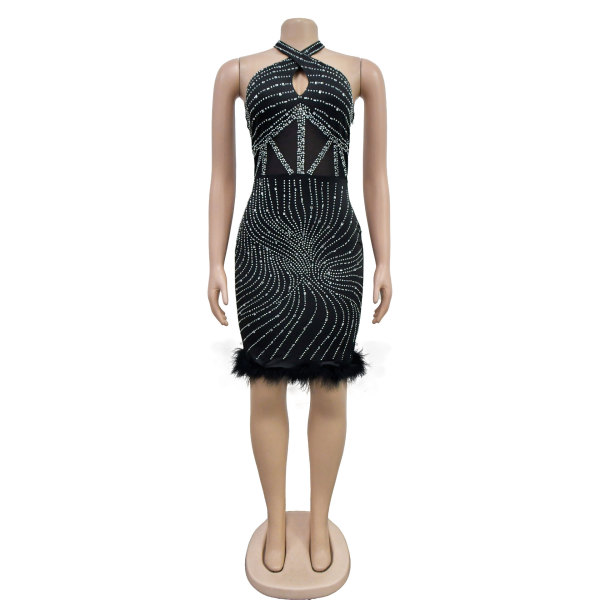 Women's Solid Color Hot Diamond Hanging Neck Open Back Short Dress Dress