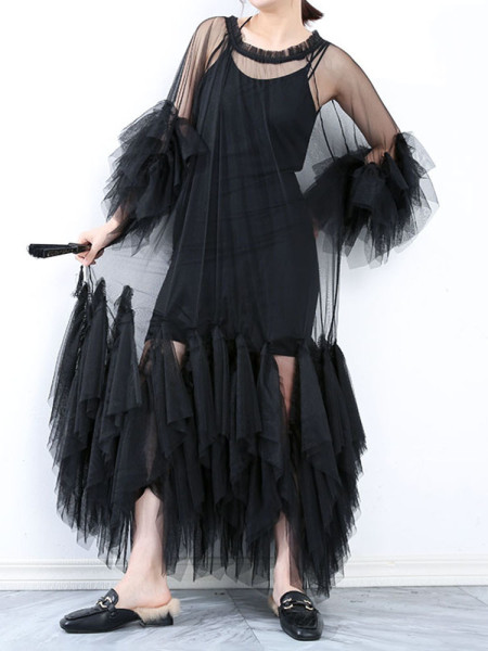 Multi layered hem pleated holiday long mesh skirt