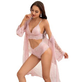 Large transparent lace mesh pajama dress, sheer suspender dress, bathrobe, three pieces