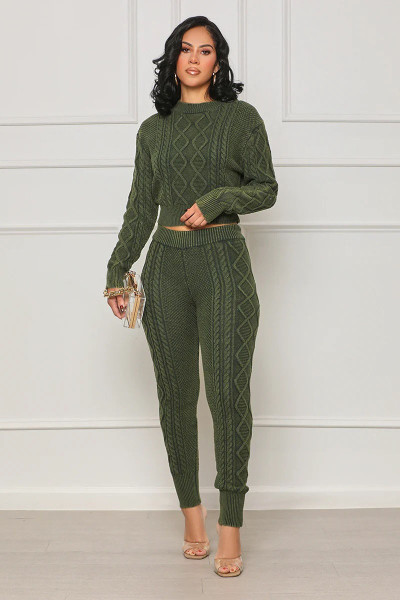 Round neck long sleeved fashion printed two-piece set