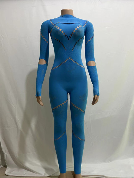 Round neck long sleeved hollowed out diamond patchwork slim fitting sexy high waisted jumpsuit