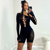 Diagonal shoulder long sleeved diamond cut out sexy slim fitting jumpsuit shorts