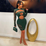 Round neck shawl with bra, sexy slim fit, hollowed out navel, ultra short studded diamond dress