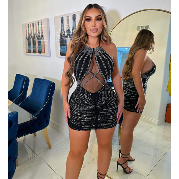 Women's sexy mesh patchwork hot diamond backless dress