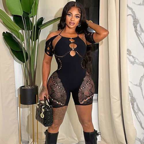 Hanging Neck Sleeves Sexy Slim Fit Perspective Hollow High Waist One Piece Shorts