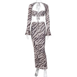 Long sleeved top with a bra, slim fitting skirt set