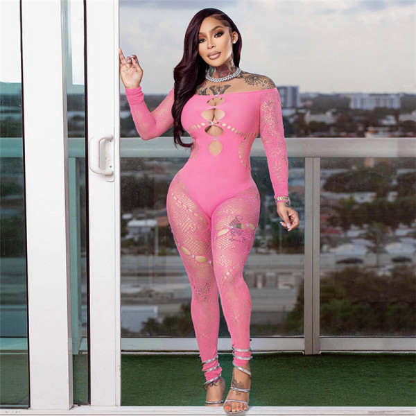 Off shoulder long sleeved hollowed out diamond high waisted slim knit jumpsuit