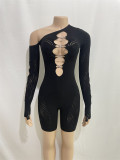 Diagonal shoulder long sleeved diamond cut out sexy slim fitting jumpsuit shorts