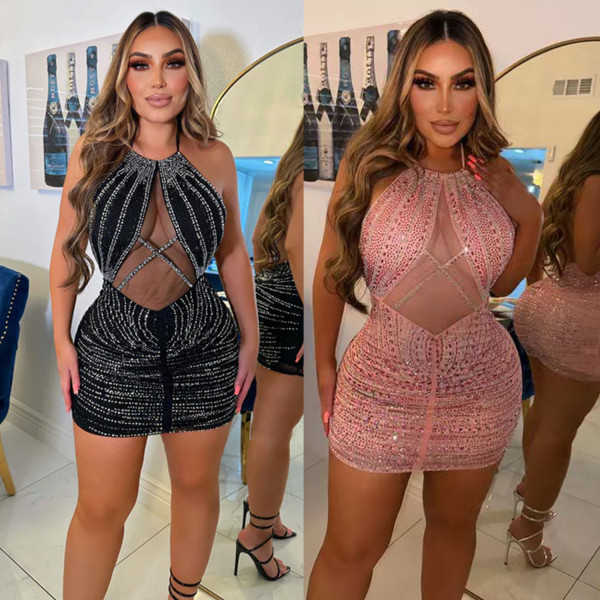 Women's sexy mesh patchwork hot diamond backless dress
