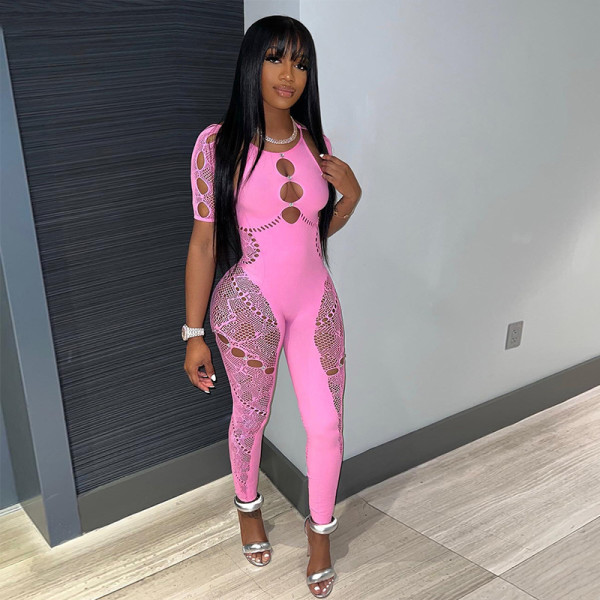 Hanging Neck, Sleeves, Hollow Holds, Sticky Diamonds, Sexy Slim Fit, High Waist Lace Jumpsuit