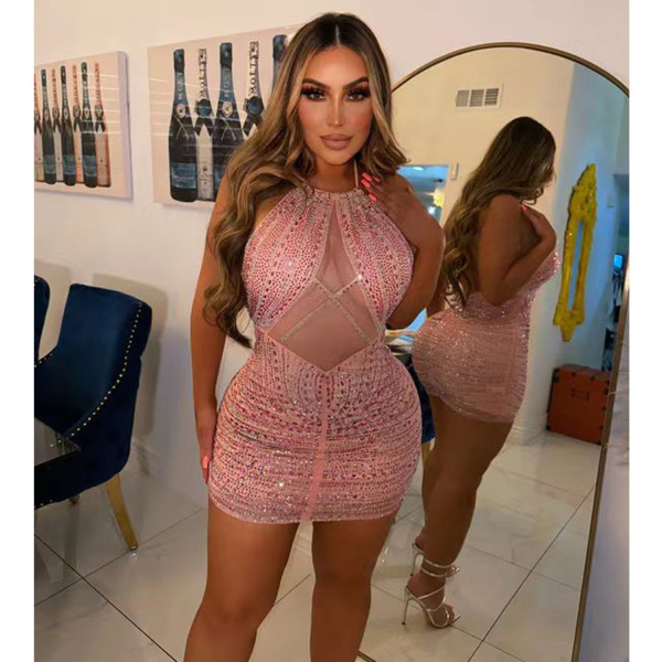 Women's sexy mesh patchwork hot diamond backless dress