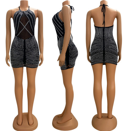 Women's sexy mesh patchwork hot diamond backless dress