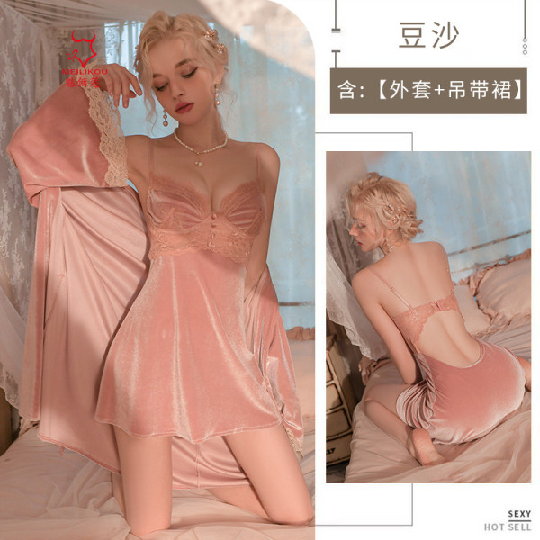 Lace lace sexy deep V suspender nightgown jacket