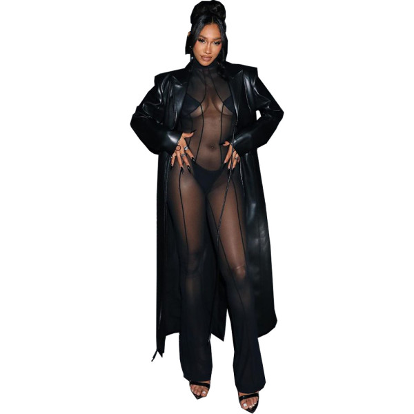 PU leather women's leather coat long windbreaker jacket