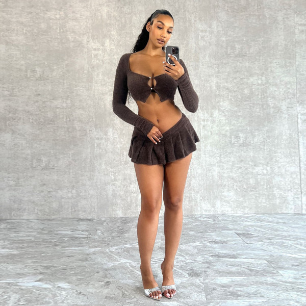 Sexy plush short skirt long sleeved cardigan top set