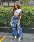 Perforated Washed Split Spliced Fake Waist Sexy Denim Skirt