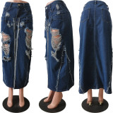 Perforated Washed Split Spliced Fake Waist Sexy Denim Skirt