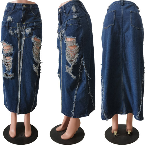 Perforated Washed Split Spliced Fake Waist Sexy Denim Skirt