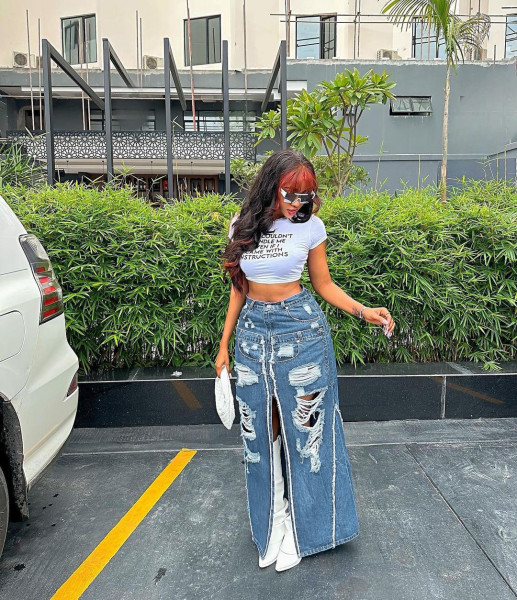 Perforated Washed Split Spliced Fake Waist Sexy Denim Skirt