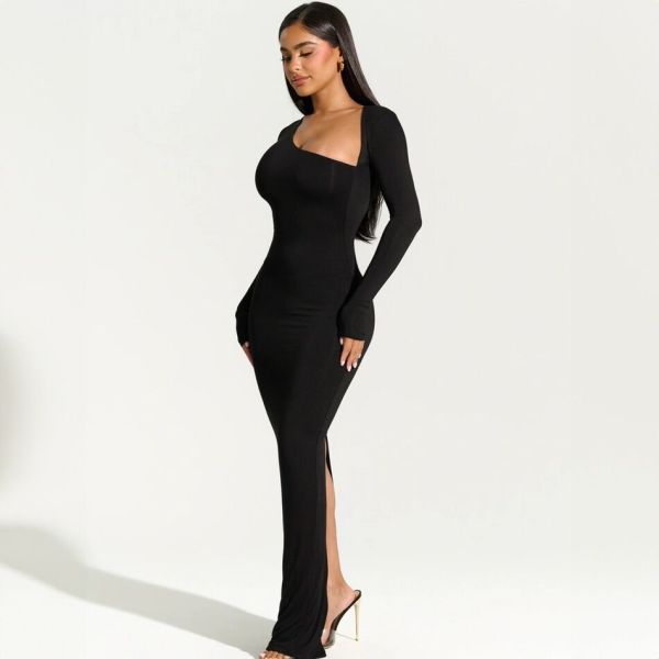 Long sleeved diagonal collar sexy spicy girl slim fitting split dress