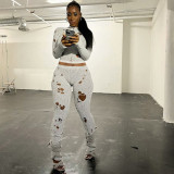 Sexy Hollow out Knitted Top High Waist Tight Wrap Hip Pants Set