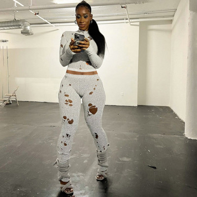Sexy Hollow out Knitted Top High Waist Tight Wrap Hip Pants Set