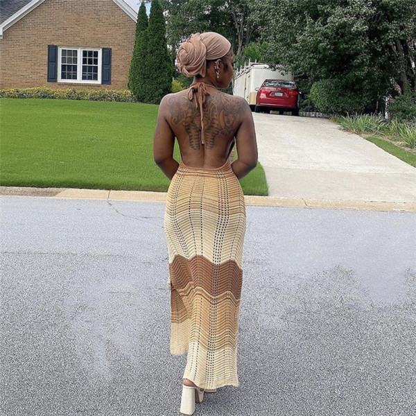 Hanging Neck Lace up Sexy Open Back Contrast Color Slim Knit Dress
