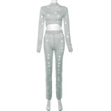 Sexy Hollow out Knitted Top High Waist Tight Wrap Hip Pants Set