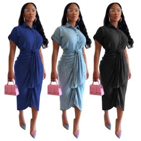 High elastic pleated denim dress with straps