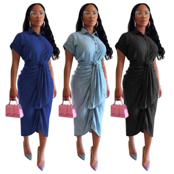 High elastic pleated denim dress with straps