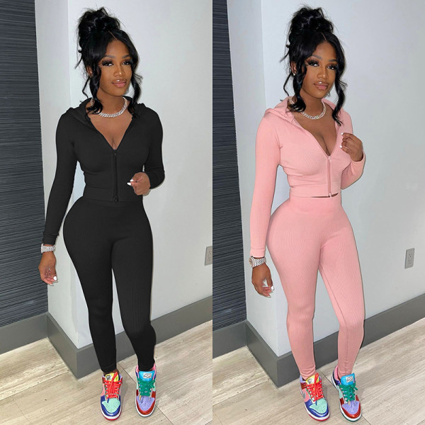 Women's Fashion Casual Hooded Coat High Waist Slim Fit Pants Set