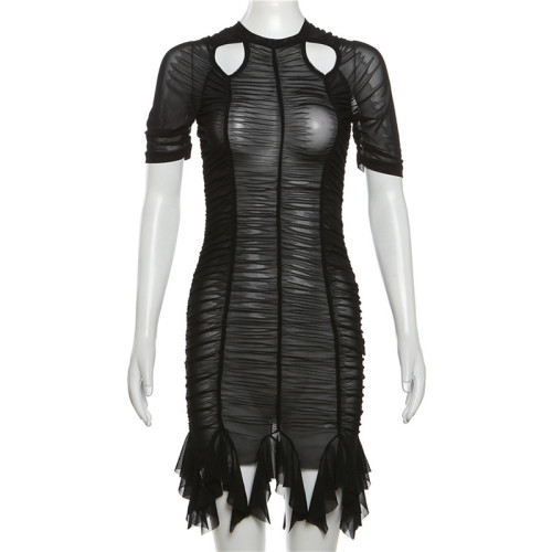 Short sleeved pleated round neck high waisted slim fitting short dress