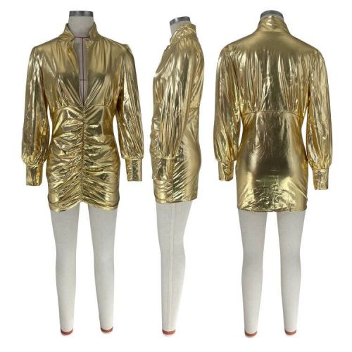 Fashionable and sexy deep V pleated short skirt dress for women