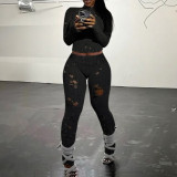 Sexy Hollow out Knitted Top High Waist Tight Wrap Hip Pants Set