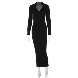 Long sleeved slim fitting lapel slim striped dress