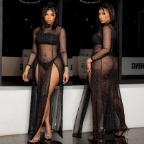 Women's Sexy Mesh Perspective Irregular Long Sleeve Dress