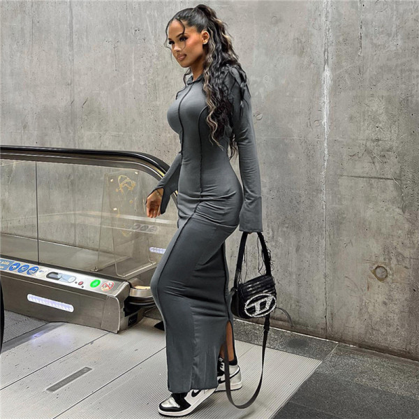 Hooded Slim Fit Wrap Hip Split Bottom Dress